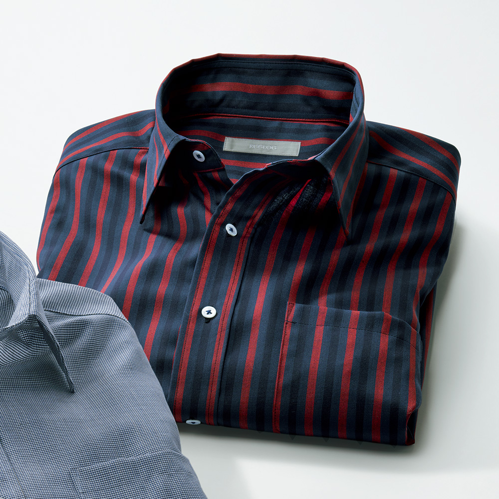 洗えるスーパー120′Sウール・多機能ストライプシャツ