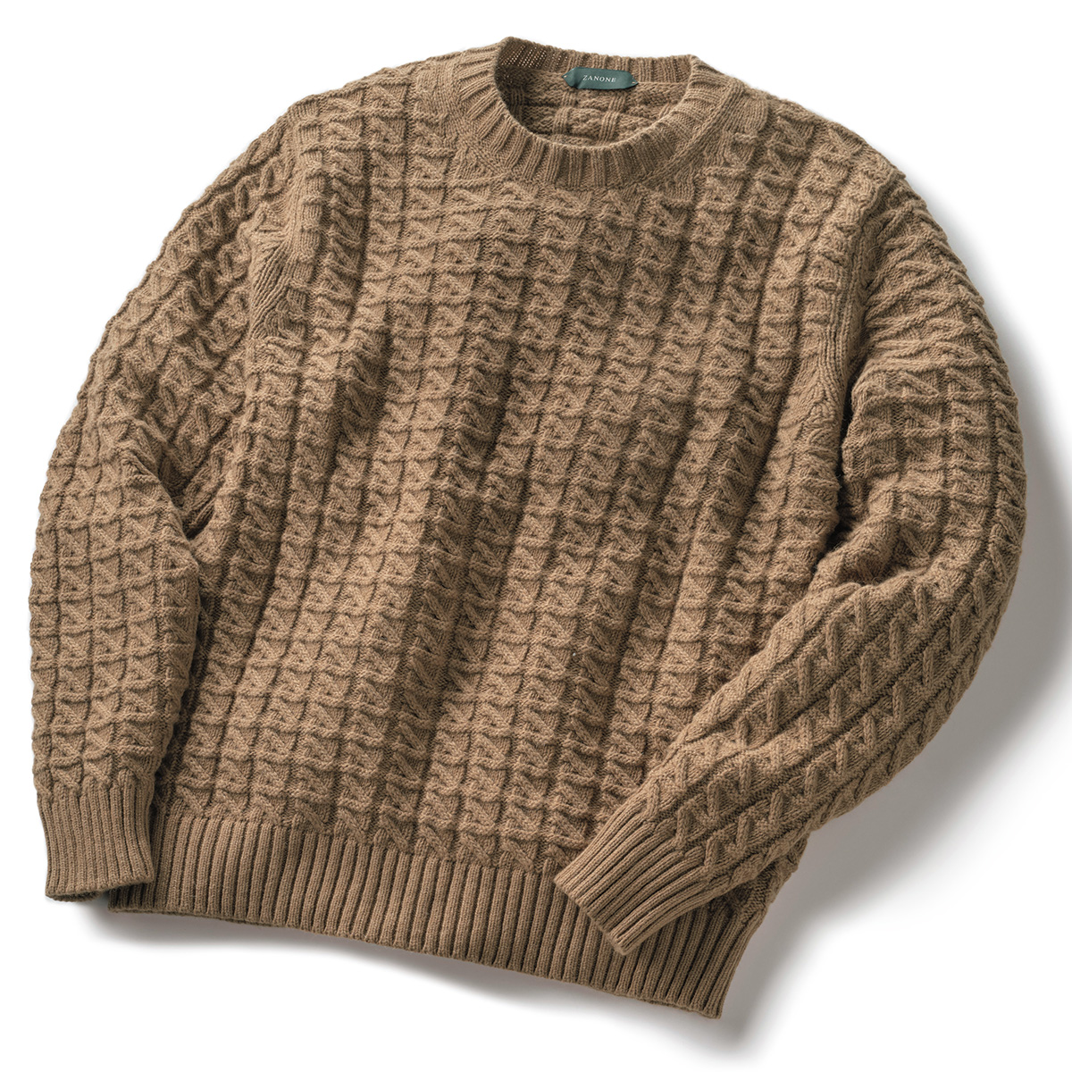 アルパカ混リブケーブル編み5ゲージクルーネックセーター