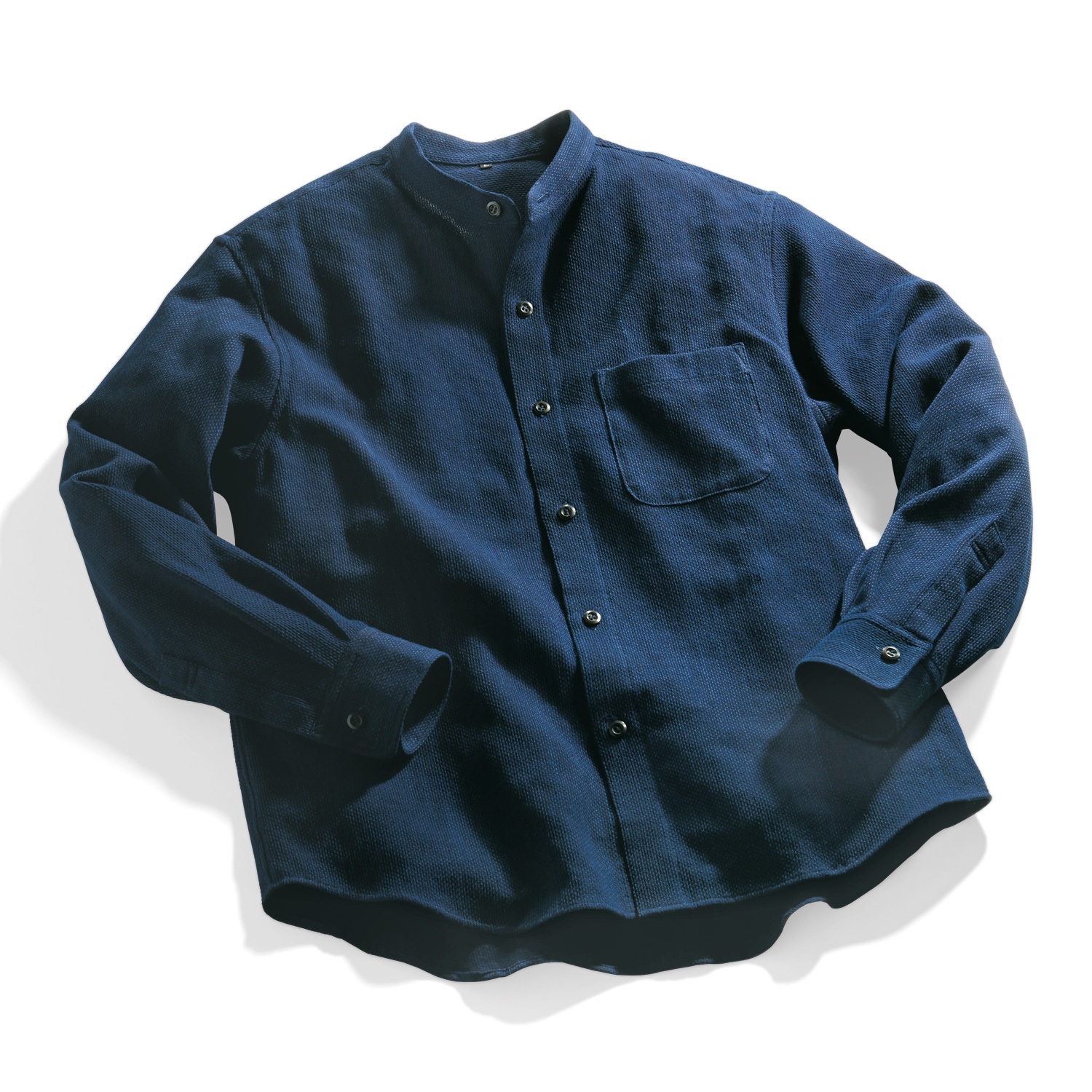 藍染まめ刺し子織りのスタンドカラーシャツ