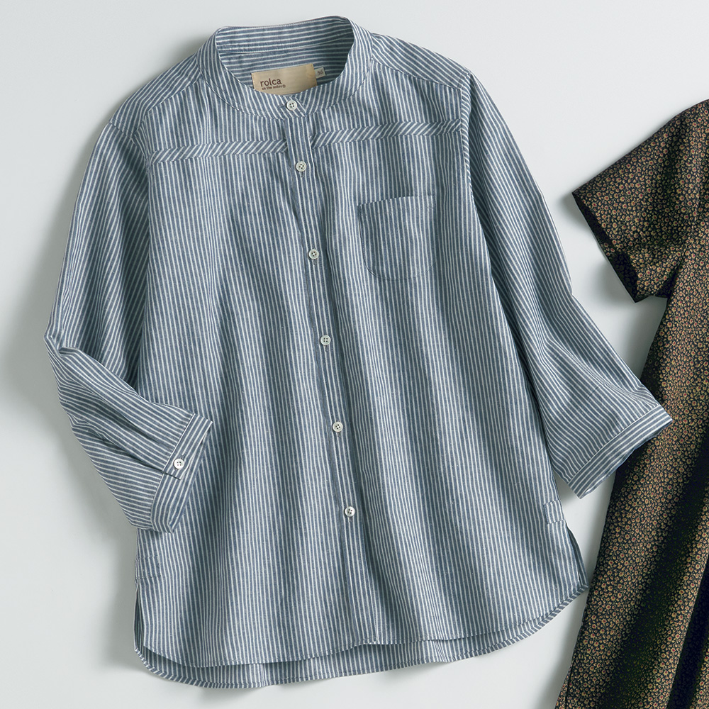 綿麻ストライプスタンドシャツ／当社限定モデル