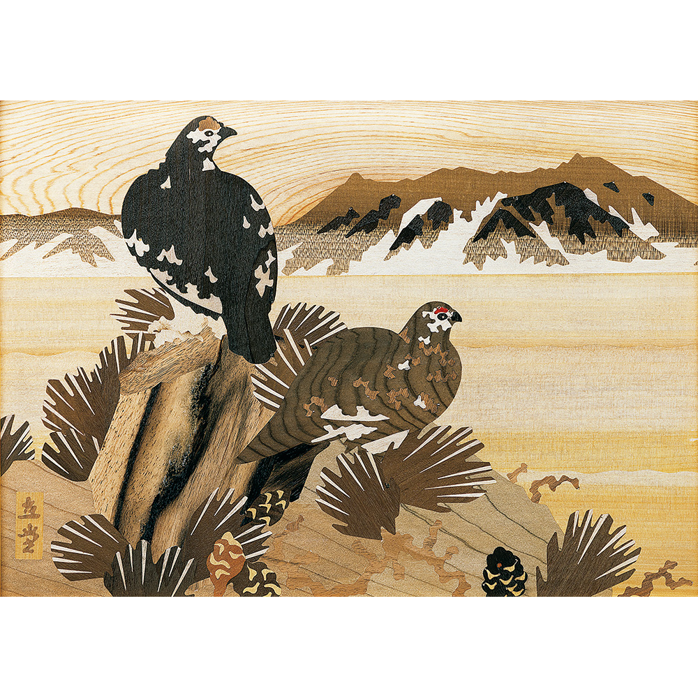 富山木象嵌「雷鳥と立山連峰」