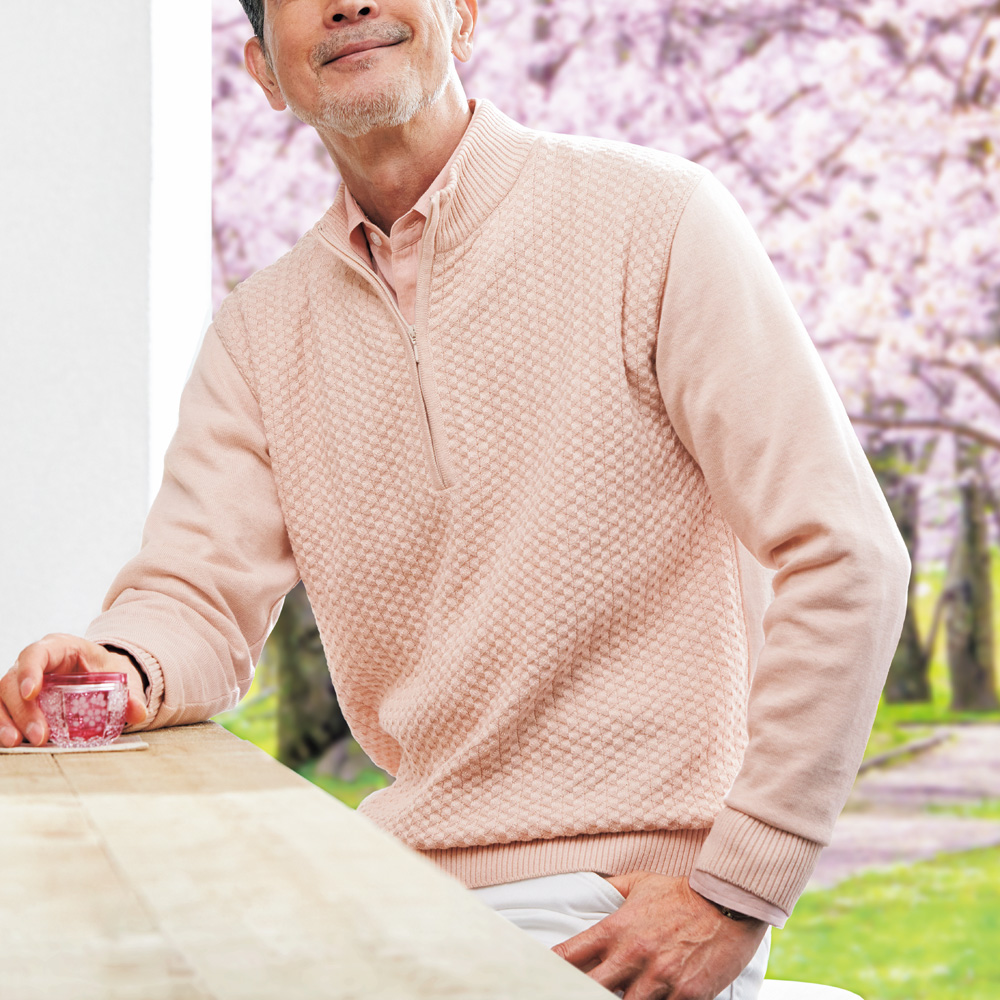 桜由来染料･コットンハーフジップセーター