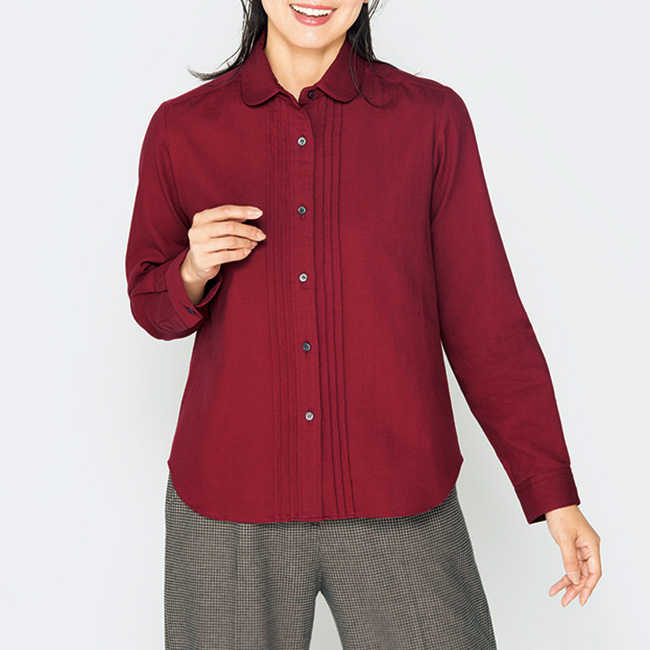 コットンダブルクロスピンタック丸襟シャツ