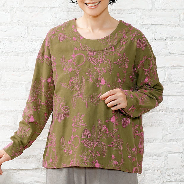 綿ウール刺しゅうオーバーブラウス／森の楽園