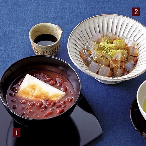 1.朱鞠ぜんざい 、2.宇治抹茶きな粉黒みつ寒天