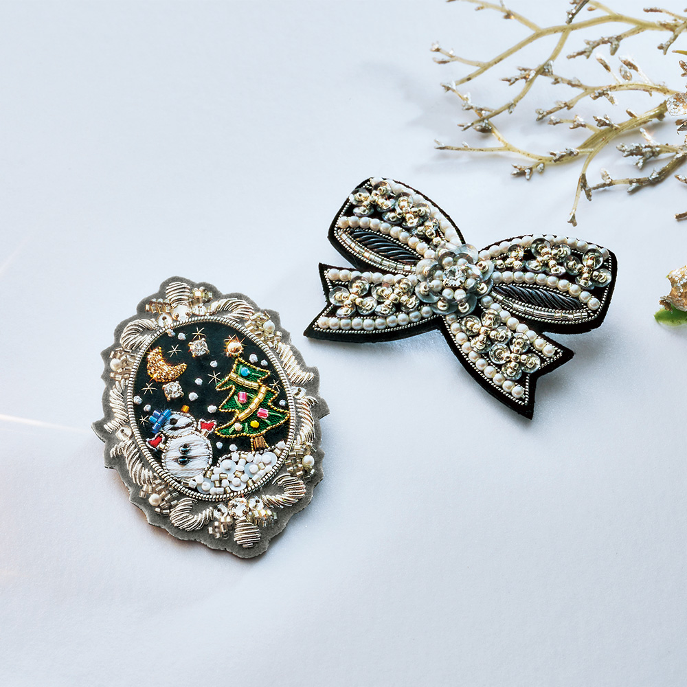 リボン&聖なる夜を見上げて/ブローチ2点セット