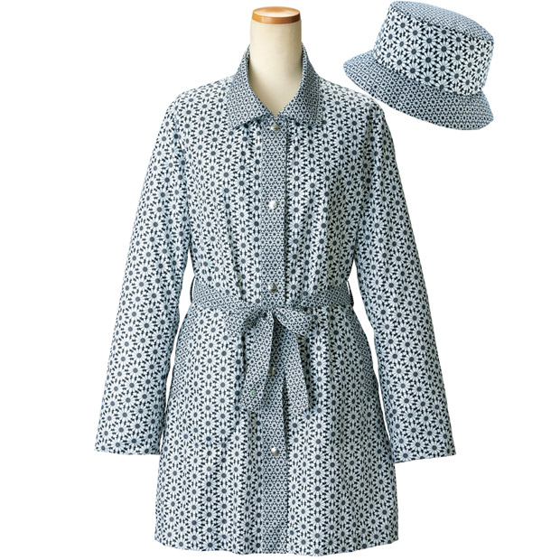 撥水･ハット付き花柄プリントコート