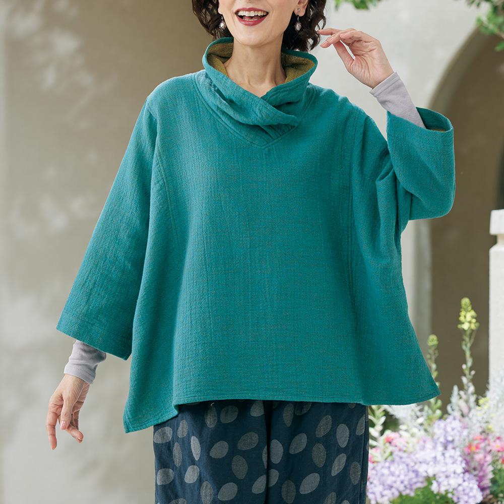 ドビー織りのバイカラーガーゼ七分袖プルオーバー