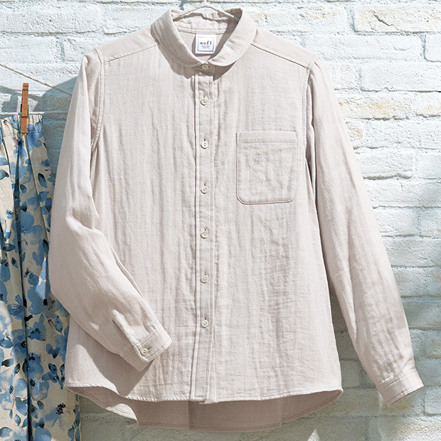 コットンガーゼオリーブオイル仕上げラウンドカラーシャツ