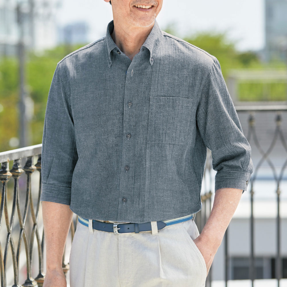 久留米織楊柳七分袖ボタンダウンシャツ