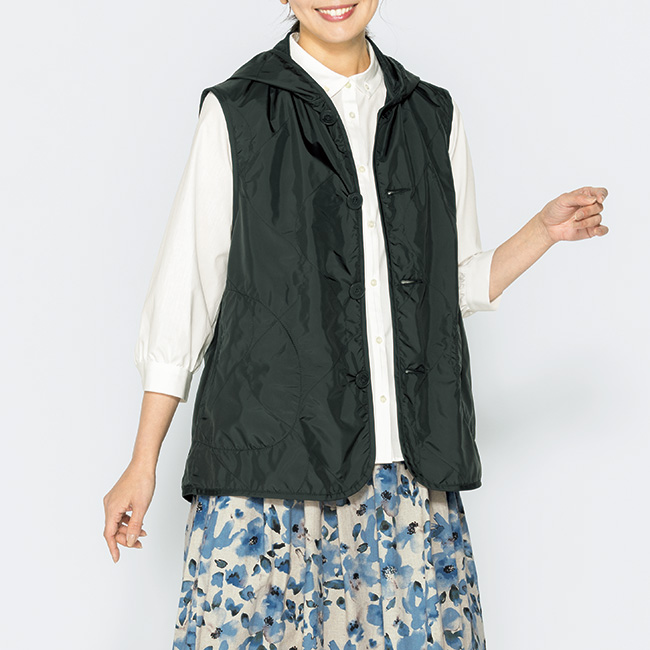 フーデットキルティングメッシュジレ