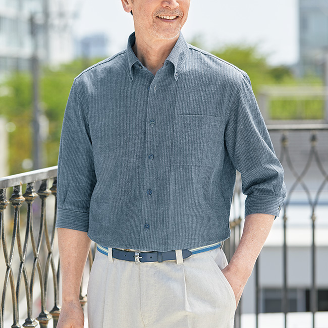 久留米織楊柳七分袖ボタンダウンシャツ