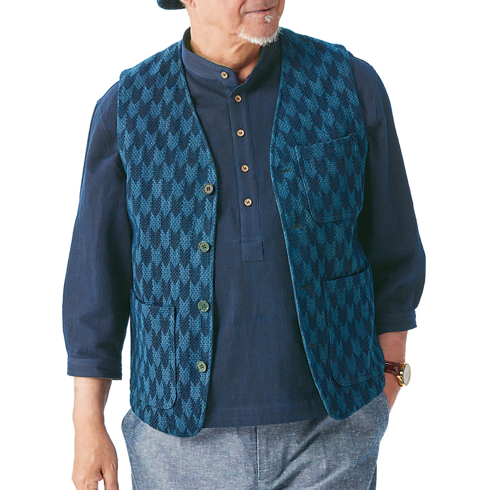 藍染まめ刺子織りの七分袖スタンドカラーシャツ