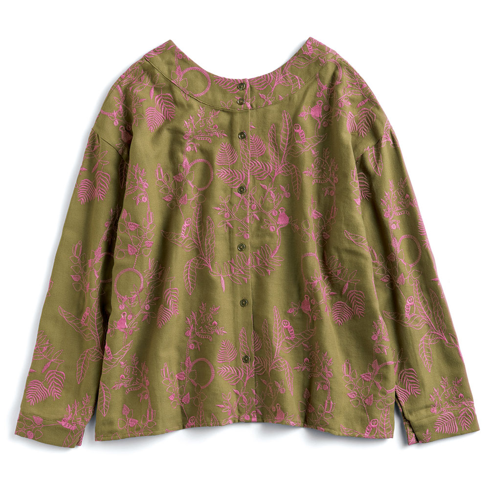 綿ウール刺しゅうオーバーブラウス／森の楽園