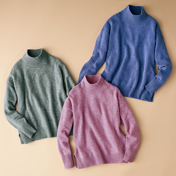 洗えるカシミヤスタンドカラープルオーバー