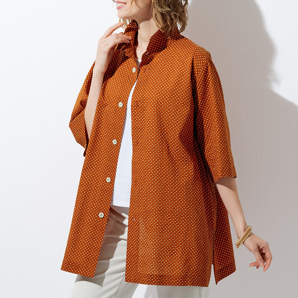 ume です ★美品★ワイヤーwash シャツ ビーエクス ミラクルワッシャー水玉 オアカラー六分袖シャツ | ライト