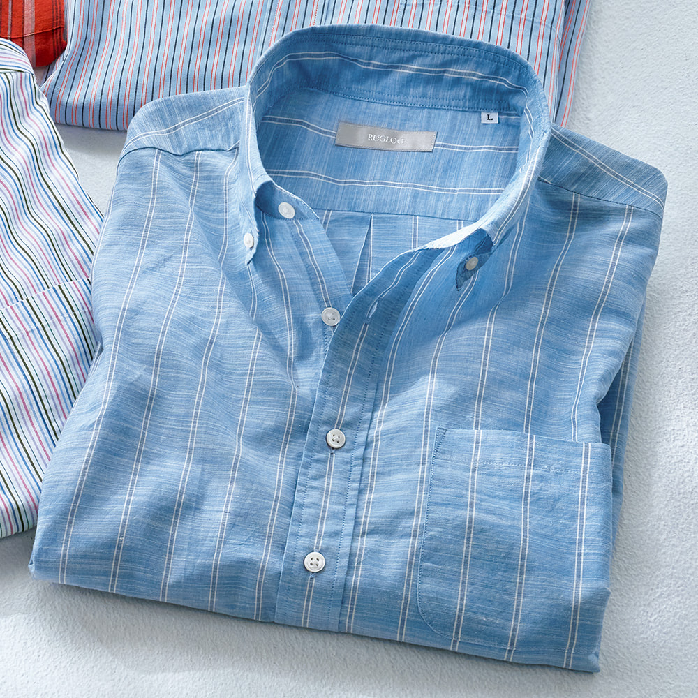 綿麻スラブ・ストライプ半袖シャツ