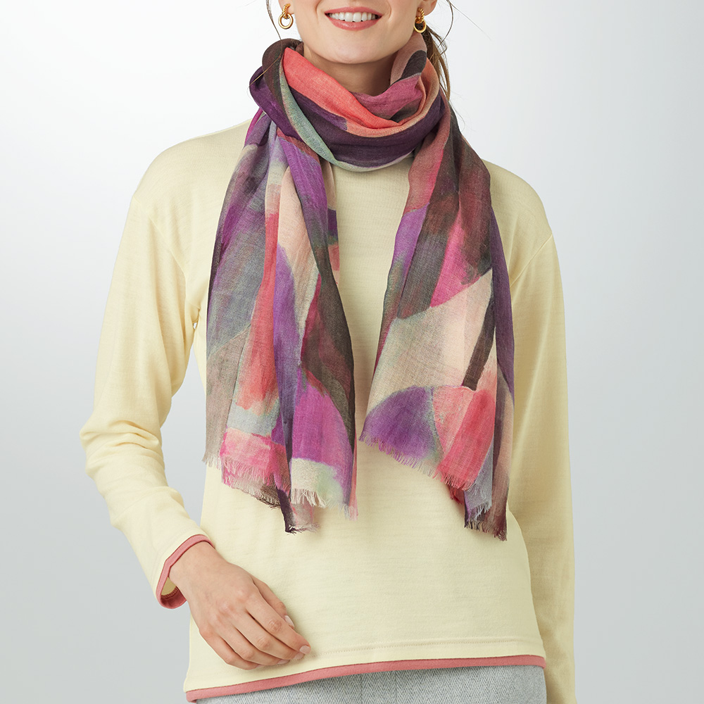 ウールシルク手描き風プリントストール