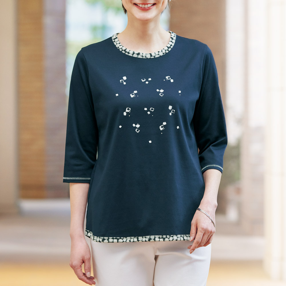 プリント使い七分袖プルオーバー