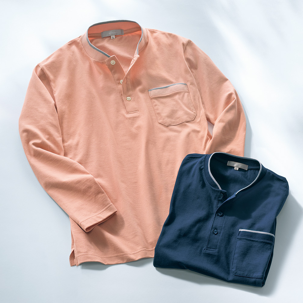 長袖コットンヘンリーネックシャツ/2色セット