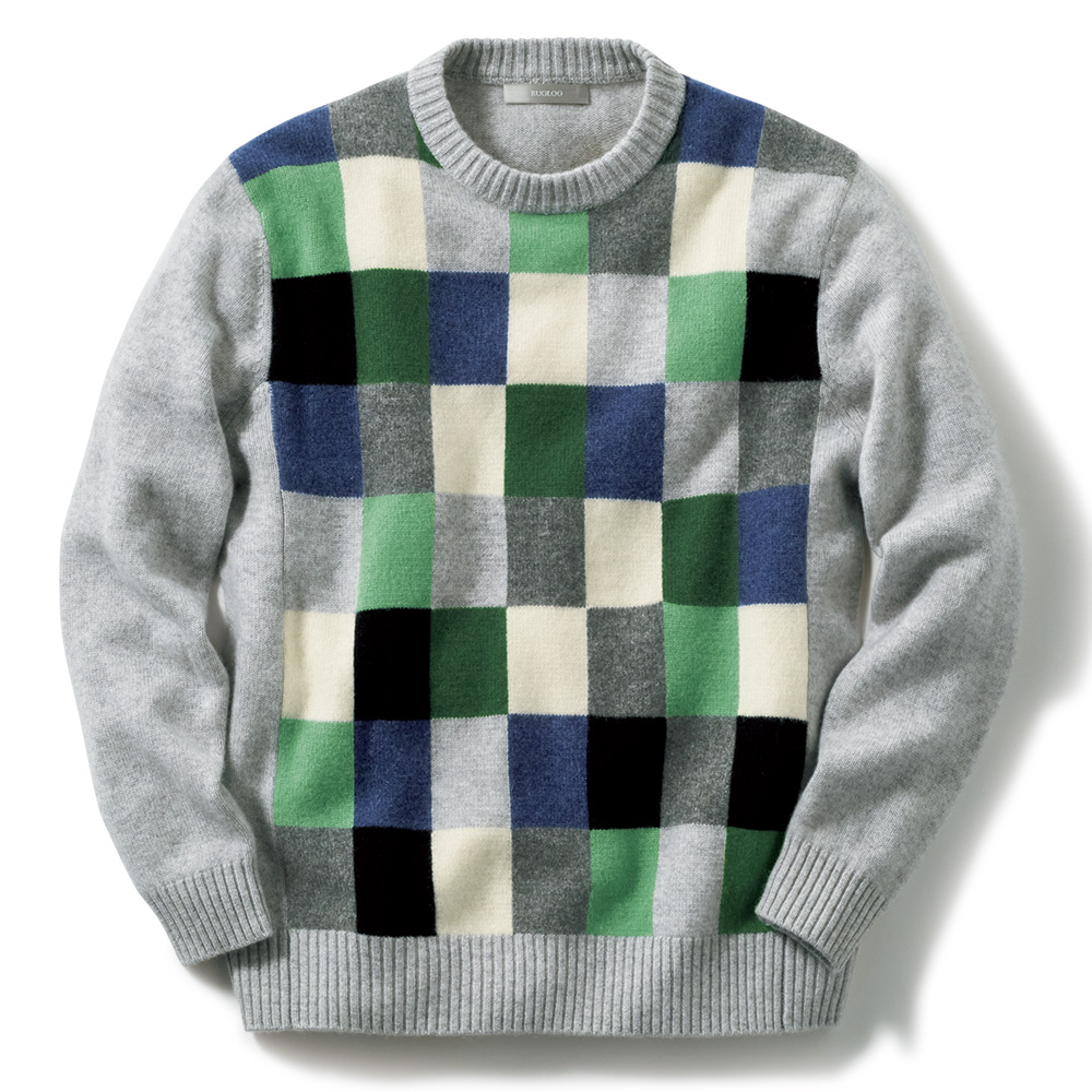 インターシャカシミヤブロックチェックセーター