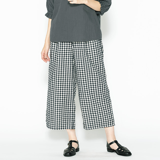ギンガムチェックガーゼセミワイドパンツ/当社限定モデル