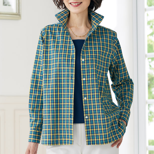 ワイドラウンドカラー･チェックシャツ