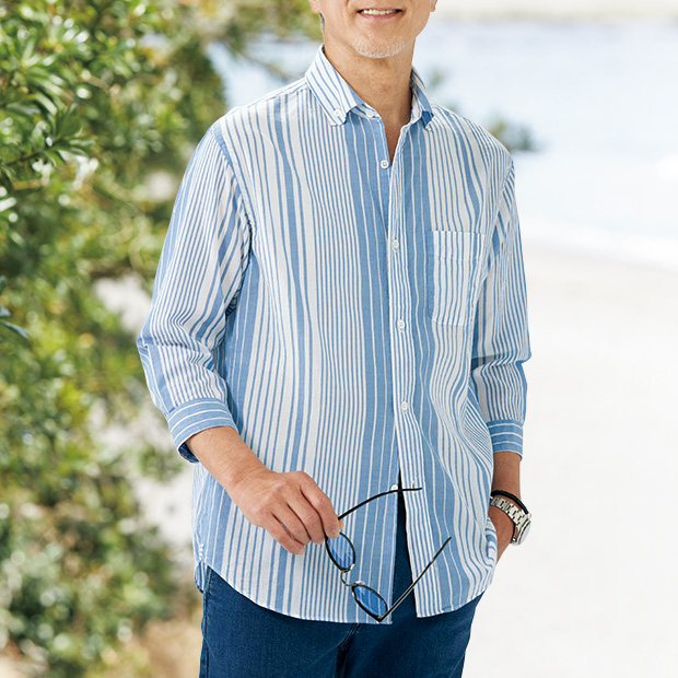 播州織涼やか素材の七分袖B.D.シャツ