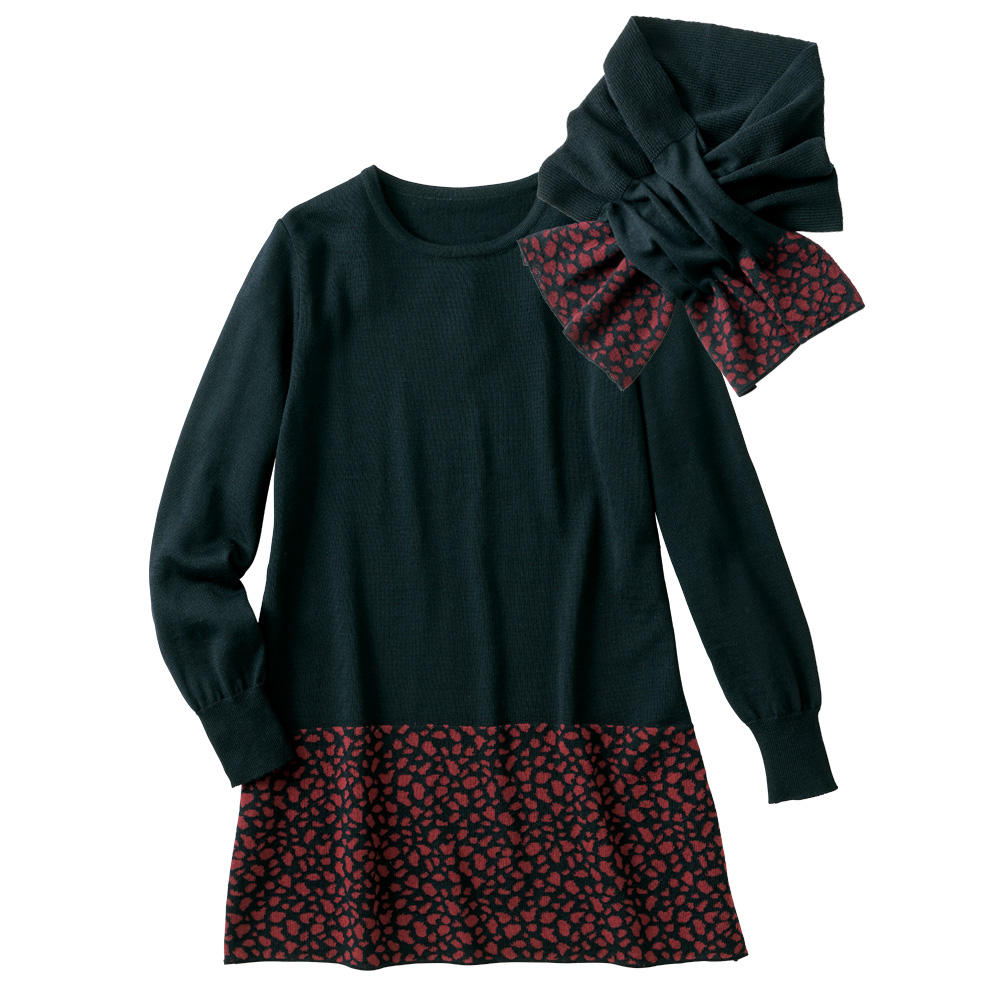 洗えるウールのジャカードチュニック／マフラー付き