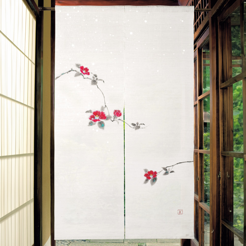 手描き麻のれん「雪中椿」
