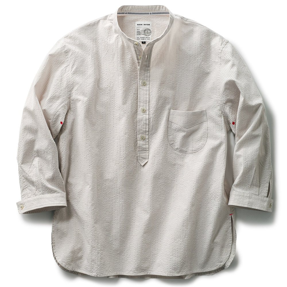 シアサッカー七分袖プルオーバーシャツ