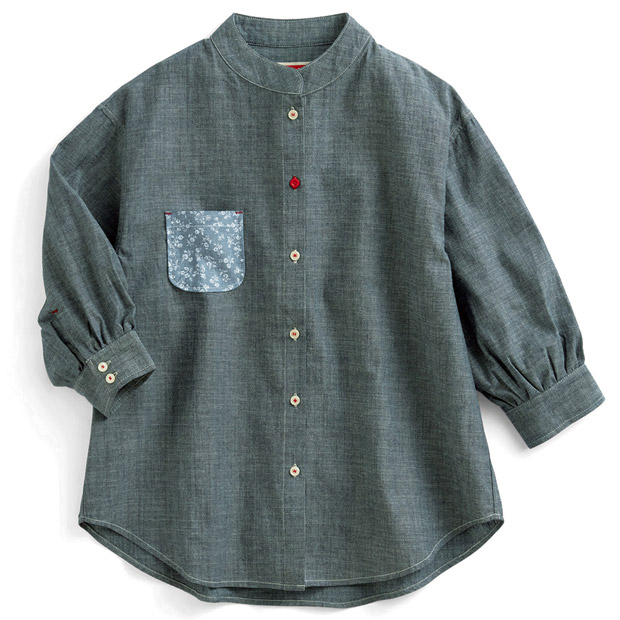 コットン七分袖ダンガリーブラウス