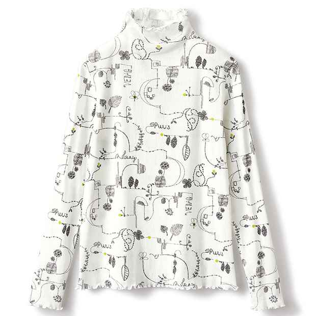 プリントコットンチュールボトルネックプルオーバー