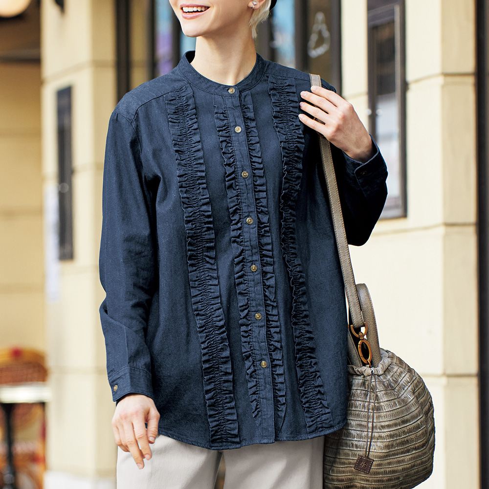 フリルデザインデニムシャツ