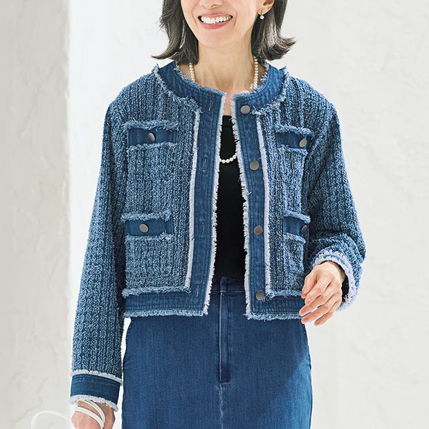 ノーカラーデニムジャケット