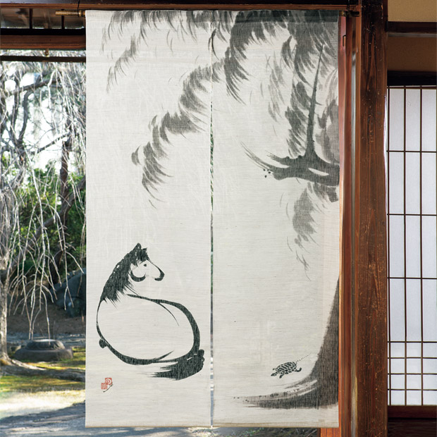 手描きのれん「若冲画･柳下馬図」
