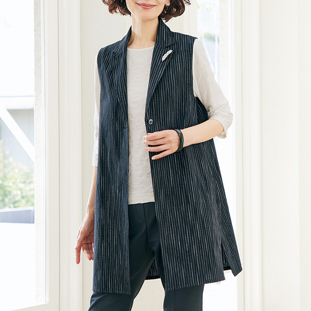 亀田縞･襟付きロングベスト