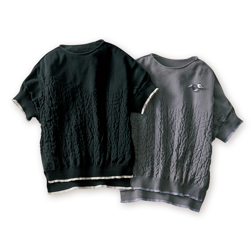 樹々柄ボートネックプルオーバー