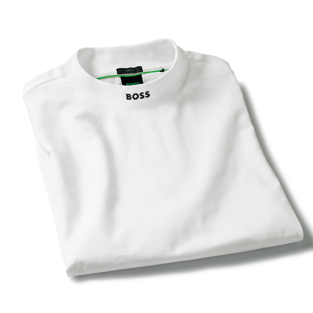 コットン混・モックネック半袖シャツ