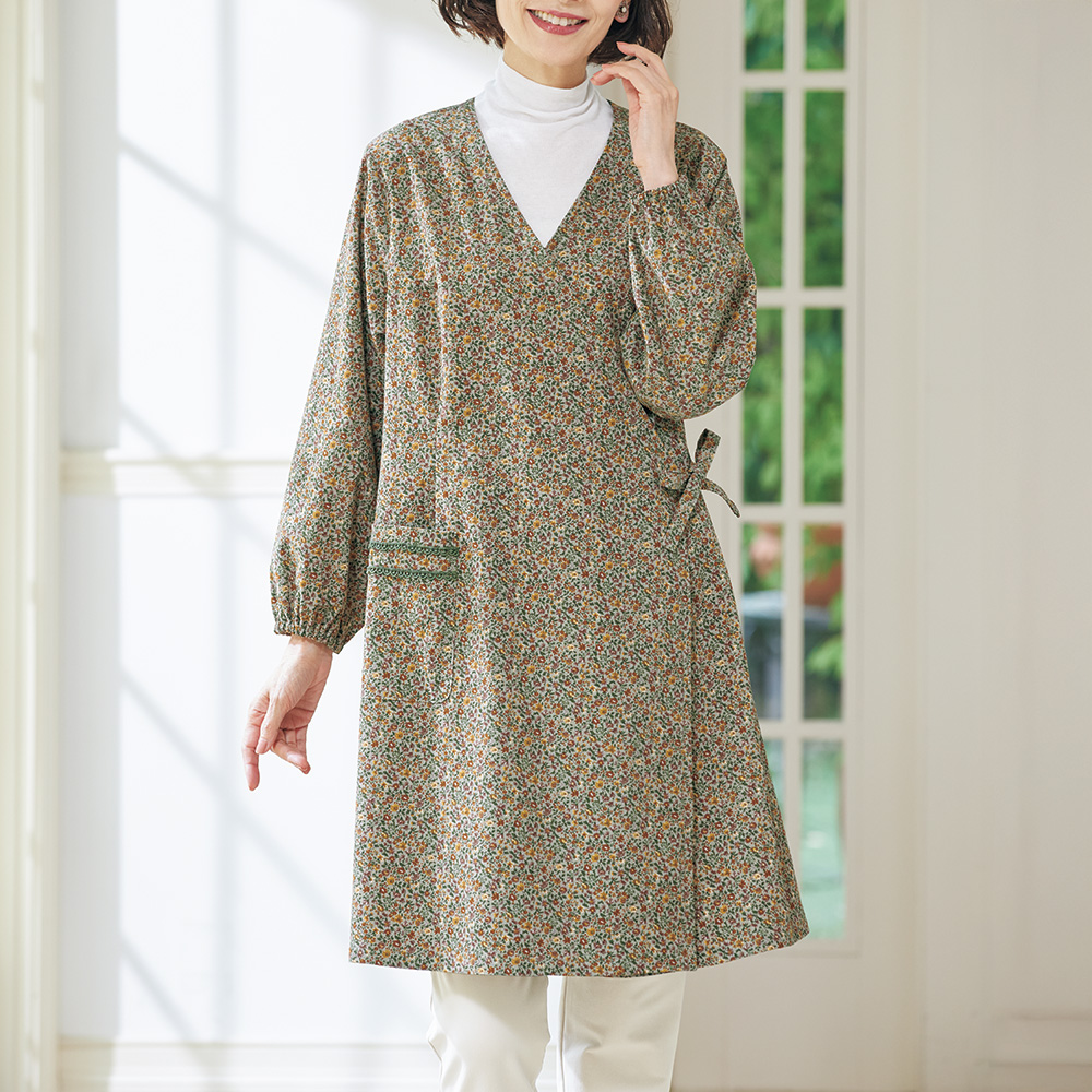 コーデュロイプリント・カシュクールドレス