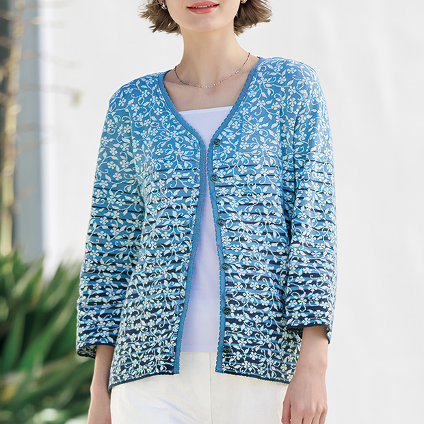 コットンジャカード七分袖カーディガン