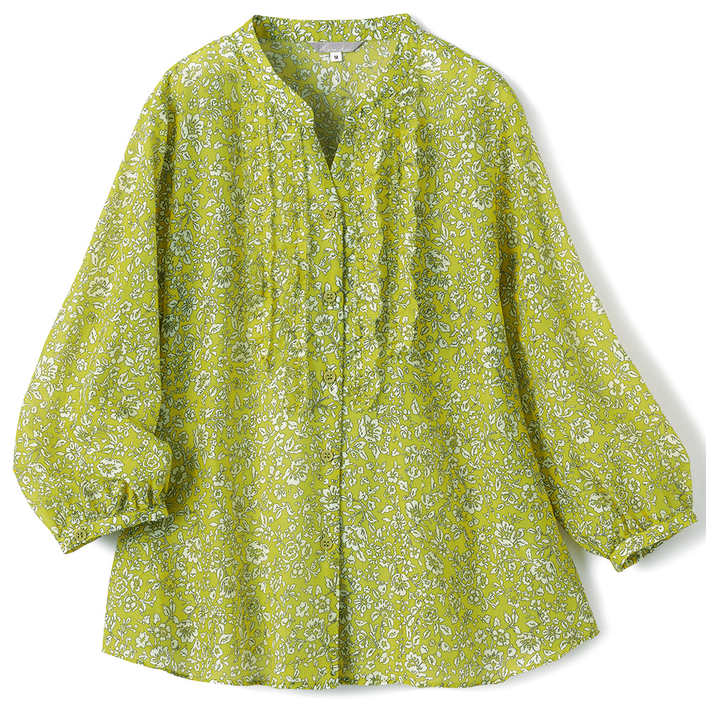 綿シルクプリントフリルブラウス