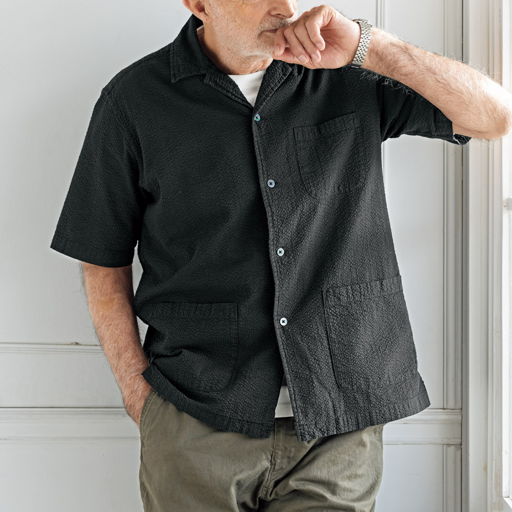 コットンシアサッカーオープンカラーシャツ