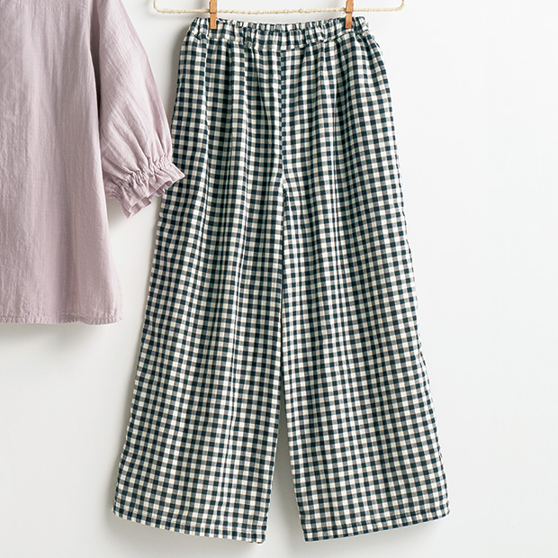 ギンガムチェックガーゼセミワイドパンツ／当社限定モデル