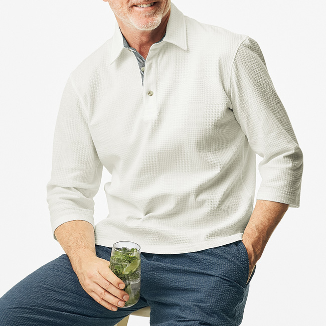 リンクス編みグレンチェック七分袖ポロシャツ