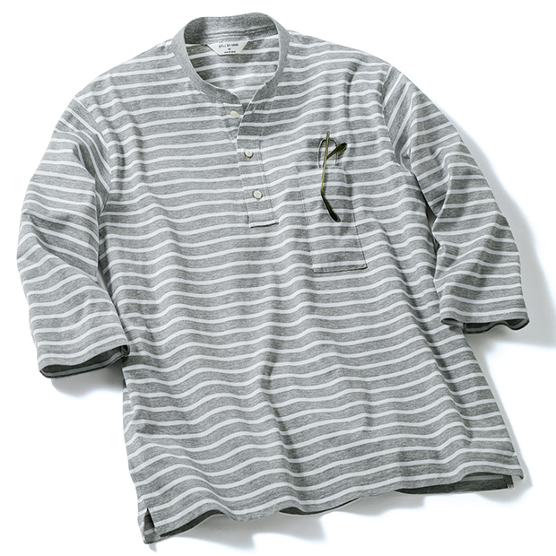 七分袖ボーダーヘンリーネックTシャツ