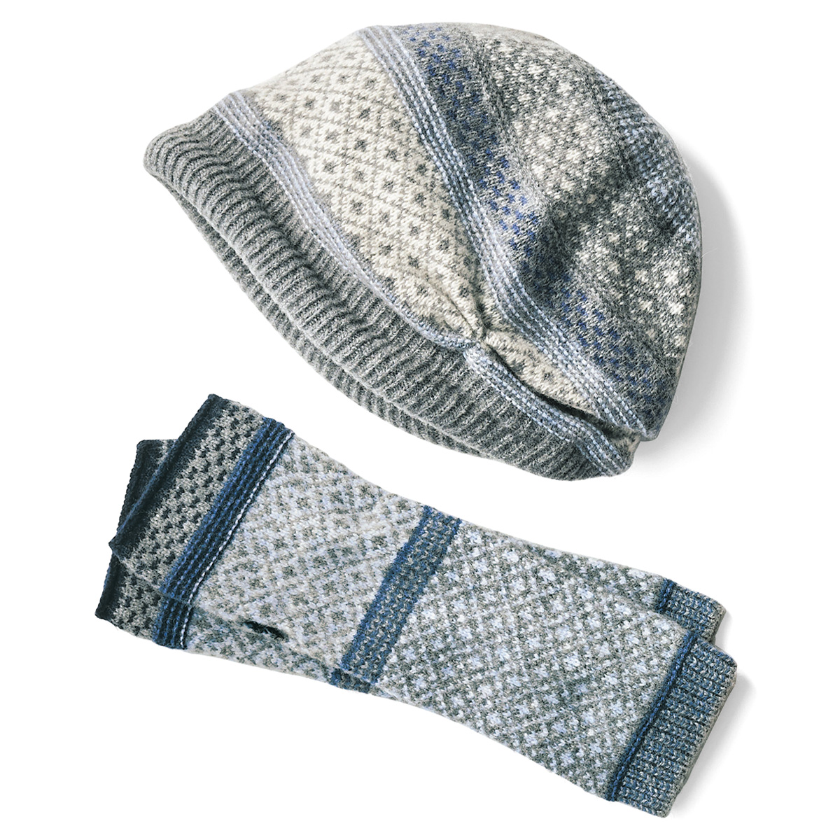 タスマニアウール・ノルディック柄帽子アームウォーマー付き