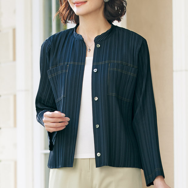 ミックスプリーツ･デニムジャケット風ブラウス