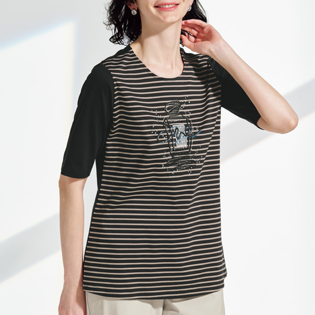 香水瓶刺しゅうボーダーTシャツ