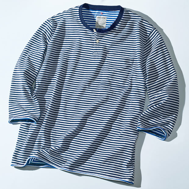 プレーティングボーダー七分袖ヘンリーTシャツ